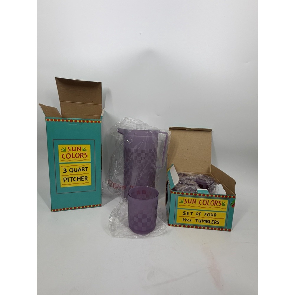 VTG Sun Colors Purple Frosted Checkered Pitcher 3Qt + 4 Tumblers Set 90s retro